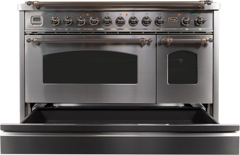 ILVE 48" Nostalgie - Dual Fuel Range with 7 Sealed Burners - 5 cu. ft. Oven - Griddle with Bronze Trim in Stainless Steel (UPN120FDMPIY)