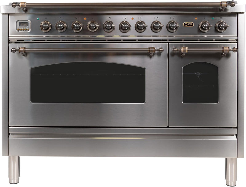 ILVE 48" Nostalgie - Dual Fuel Range with 7 Sealed Burners - 5 cu. ft. Oven - Griddle with Bronze Trim in Stainless Steel (UPN120FDMPIY)