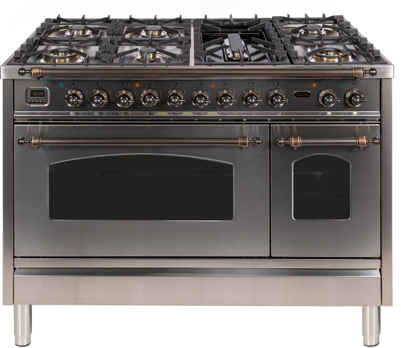 ILVE 48" Nostalgie - Dual Fuel Range with 7 Sealed Burners - 5 cu. ft. Oven - Griddle with Bronze Trim in Stainless Steel (UPN120FDMPIY)