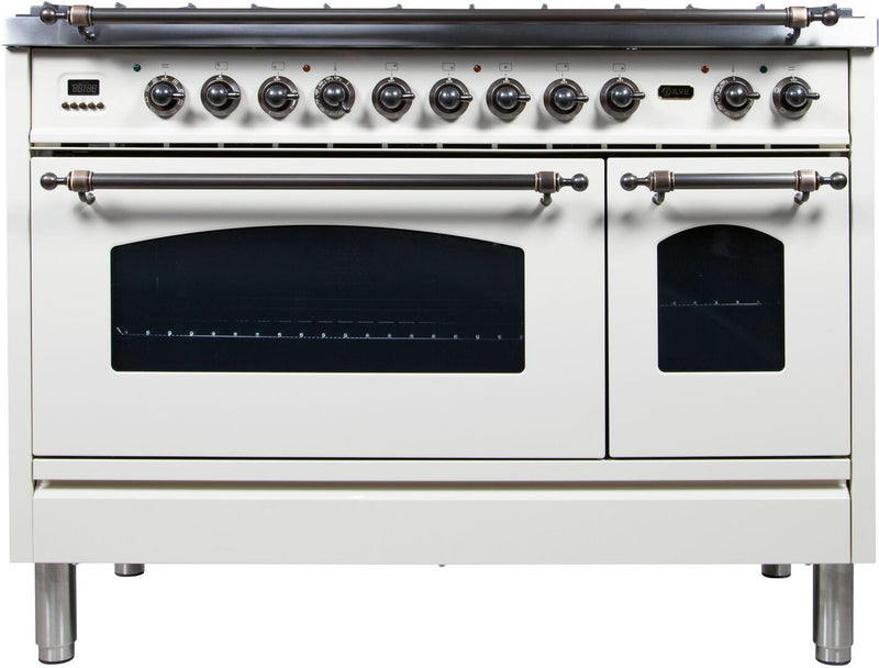 ILVE 48" Nostalgie - Dual Fuel Range with 7 Sealed Burners - 5 cu. ft. Oven - Griddle with Bronze Trim in White (UPN120FDMPBY)