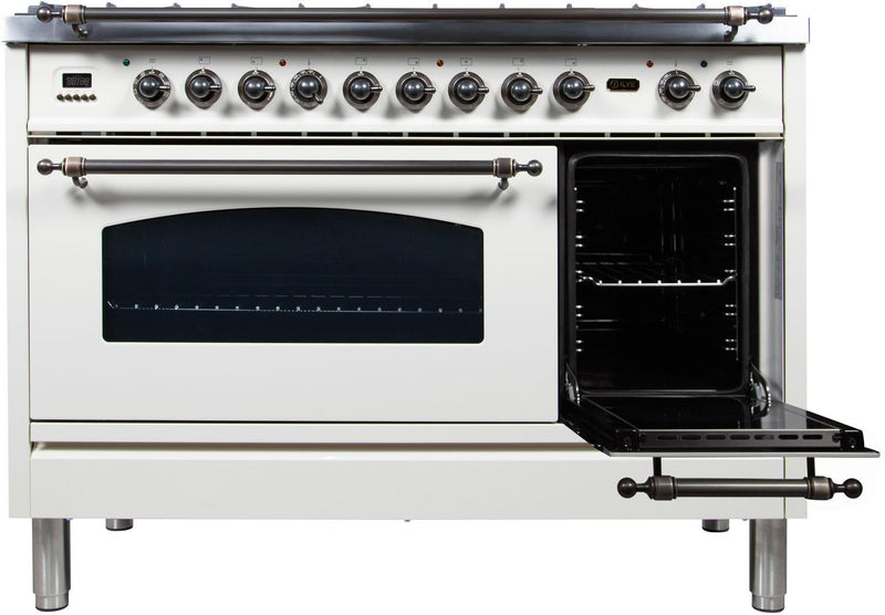 ILVE 48" Nostalgie - Dual Fuel Range with 7 Sealed Burners - 5 cu. ft. Oven - Griddle with Bronze Trim in White (UPN120FDMPBY)