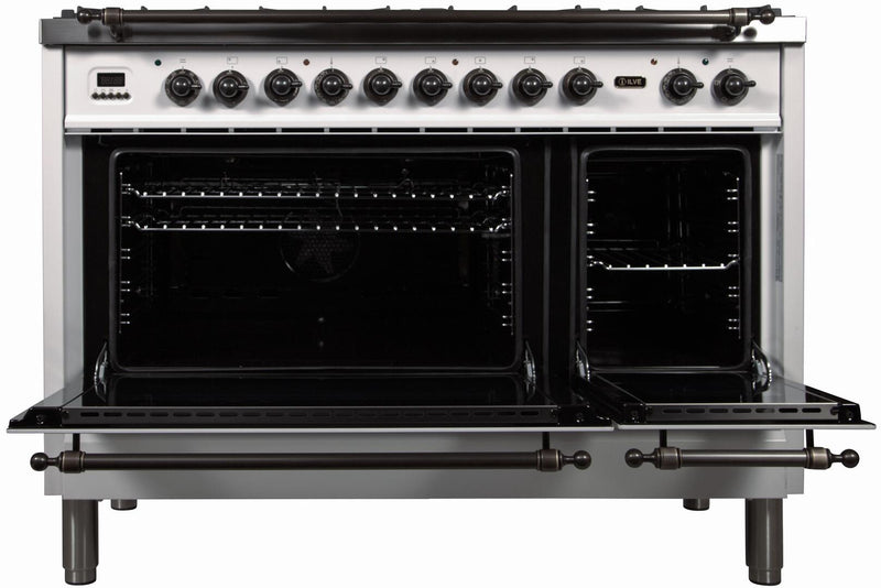 ILVE 48" Nostalgie - Dual Fuel Range with 7 Sealed Burners - 5 cu. ft. Oven - Griddle with Bronze Trim in White (UPN120FDMPBY)