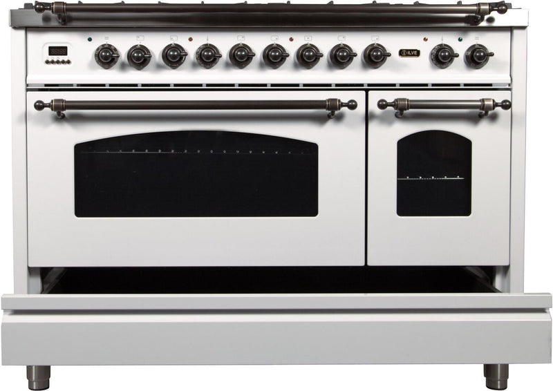 ILVE 48" Nostalgie - Dual Fuel Range with 7 Sealed Burners - 5 cu. ft. Oven - Griddle with Bronze Trim in White (UPN120FDMPBY)