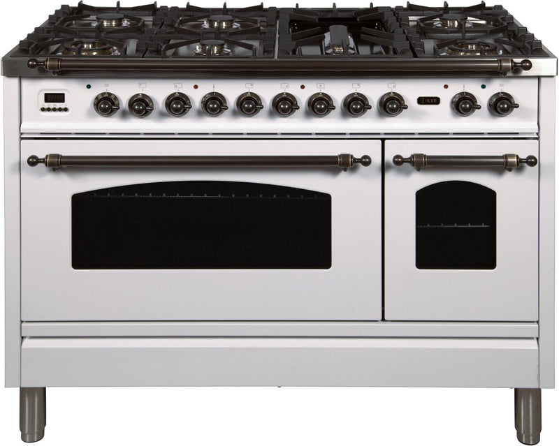 ILVE 48" Nostalgie - Dual Fuel Range with 7 Sealed Burners - 5 cu. ft. Oven - Griddle with Bronze Trim in White (UPN120FDMPBY)