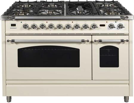 ILVE 48" Nostalgie - Dual Fuel Range with 7 Sealed Burners - 5 cu. ft. Oven - Griddle with Chrome Trim in Antique White (UPN120FDMPAX)