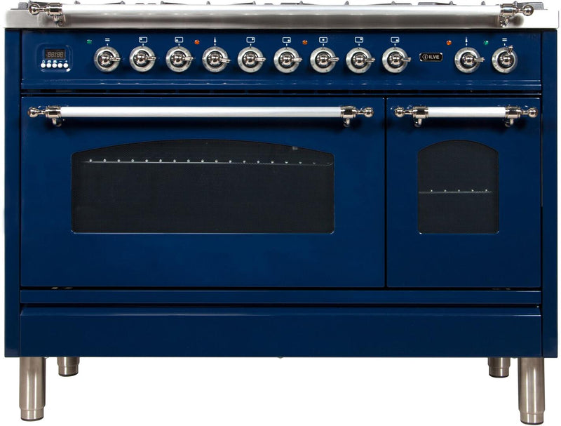 ILVE 48" Nostalgie - Dual Fuel Range with 7 Sealed Burners - 5 cu. ft. Oven - Griddle with Chrome Trim in Blue (UPN120FDMPBLX)