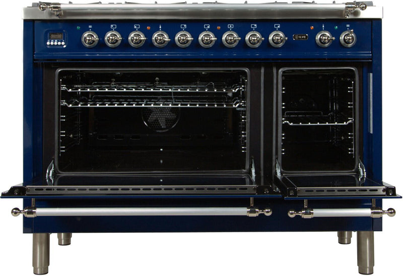 ILVE 48" Nostalgie - Dual Fuel Range with 7 Sealed Burners - 5 cu. ft. Oven - Griddle with Chrome Trim in Blue (UPN120FDMPBLX)