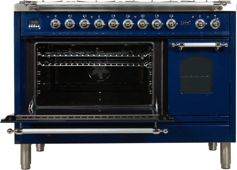 ILVE 48" Nostalgie - Dual Fuel Range with 7 Sealed Burners - 5 cu. ft. Oven - Griddle with Chrome Trim in Blue (UPN120FDMPBLX)