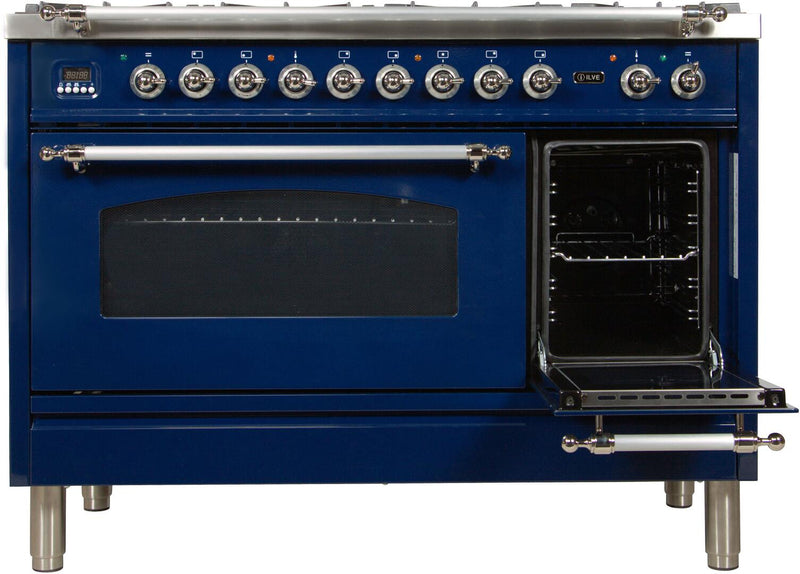 ILVE 48" Nostalgie - Dual Fuel Range with 7 Sealed Burners - 5 cu. ft. Oven - Griddle with Chrome Trim in Blue (UPN120FDMPBLX)