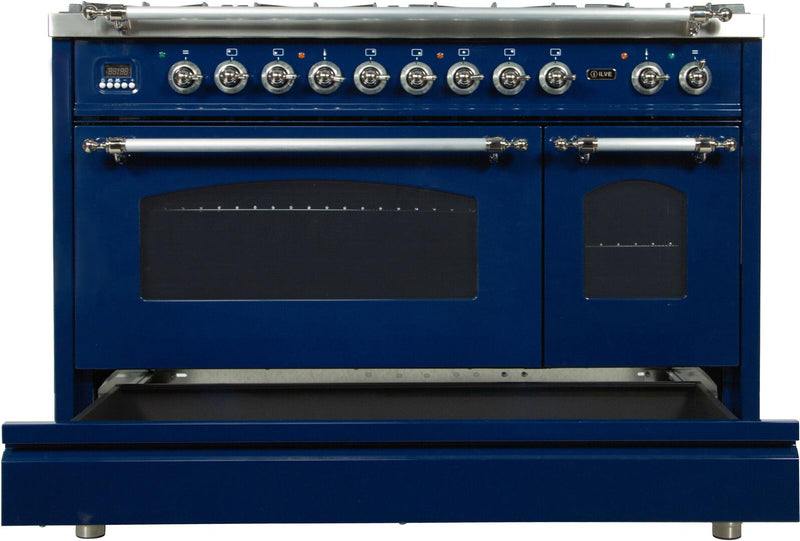 ILVE 48" Nostalgie - Dual Fuel Range with 7 Sealed Burners - 5 cu. ft. Oven - Griddle with Chrome Trim in Blue (UPN120FDMPBLX)