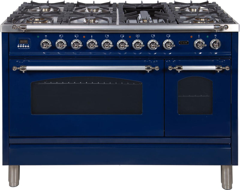 ILVE 48" Nostalgie - Dual Fuel Range with 7 Sealed Burners - 5 cu. ft. Oven - Griddle with Chrome Trim in Blue (UPN120FDMPBLX)