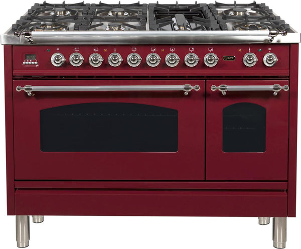 ILVE 48" Nostalgie - Dual Fuel Range with 7 Sealed Burners - 5 cu. ft. Oven - Griddle with Chrome Trim in Burgundy (UPN120FDMPRBX)