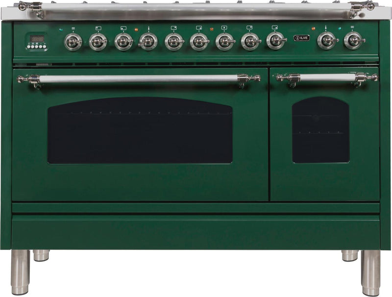 ILVE 48" Nostalgie - Dual Fuel Range with 7 Sealed Burners - 5 cu. ft. Oven - Griddle with Chrome Trim in Emerald Green (UPN120FDMPVSX)