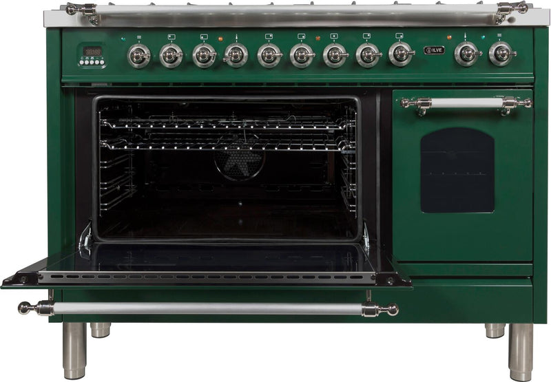 ILVE 48" Nostalgie - Dual Fuel Range with 7 Sealed Burners - 5 cu. ft. Oven - Griddle with Chrome Trim in Emerald Green (UPN120FDMPVSX)