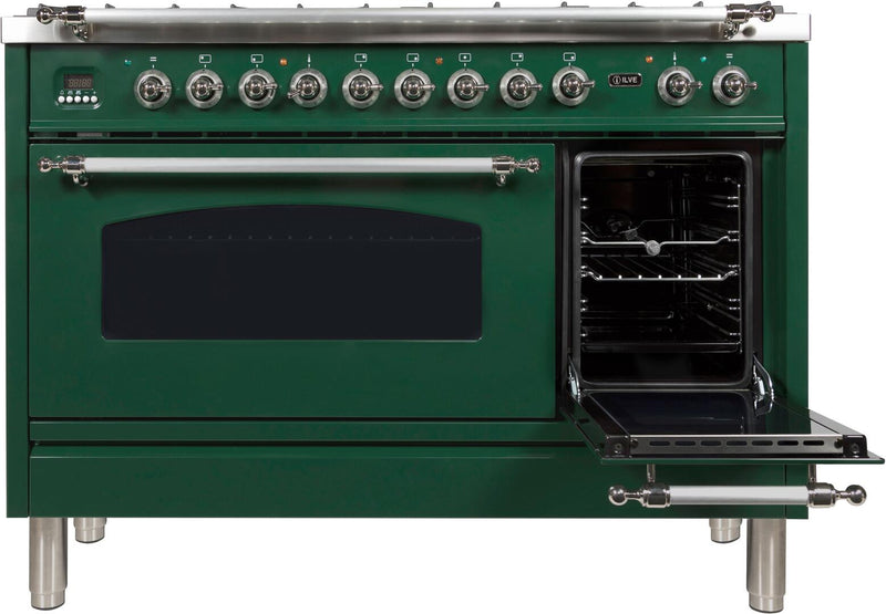 ILVE 48" Nostalgie - Dual Fuel Range with 7 Sealed Burners - 5 cu. ft. Oven - Griddle with Chrome Trim in Emerald Green (UPN120FDMPVSX)