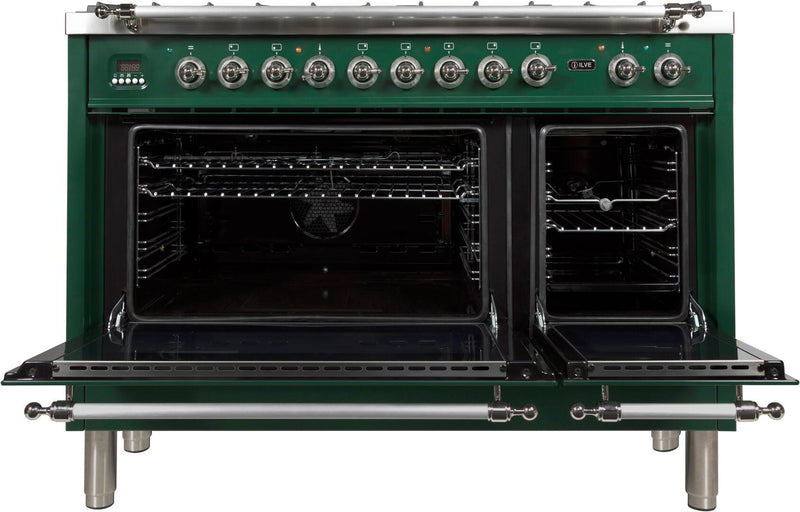 ILVE 48" Nostalgie - Dual Fuel Range with 7 Sealed Burners - 5 cu. ft. Oven - Griddle with Chrome Trim in Emerald Green (UPN120FDMPVSX)