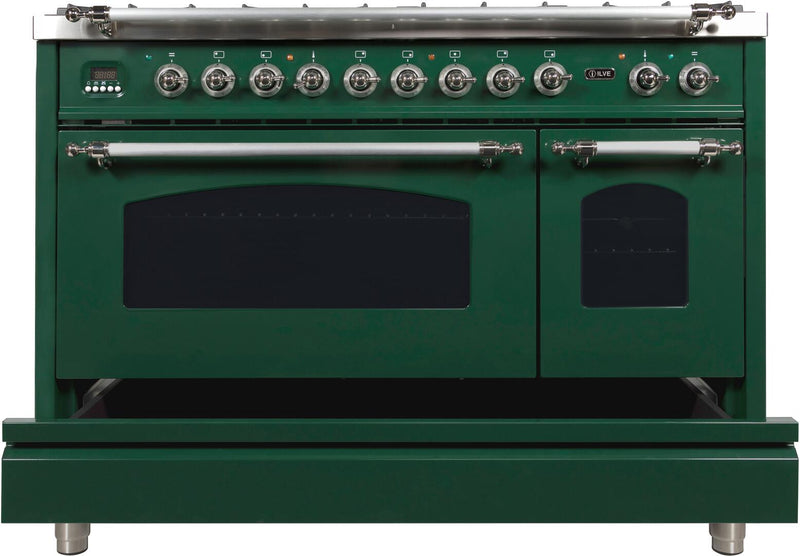 ILVE 48" Nostalgie - Dual Fuel Range with 7 Sealed Burners - 5 cu. ft. Oven - Griddle with Chrome Trim in Emerald Green (UPN120FDMPVSX)