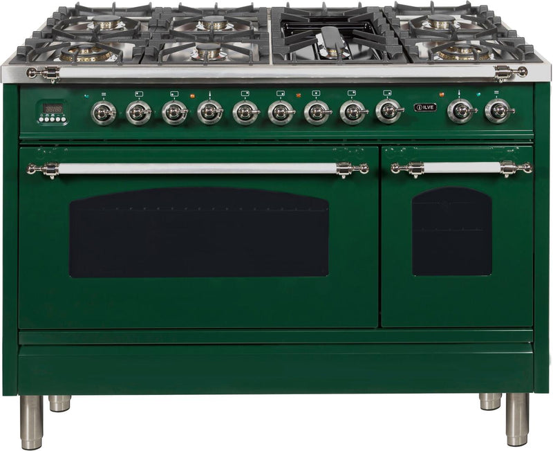 ILVE 48" Nostalgie - Dual Fuel Range with 7 Sealed Burners - 5 cu. ft. Oven - Griddle with Chrome Trim in Emerald Green (UPN120FDMPVSX)