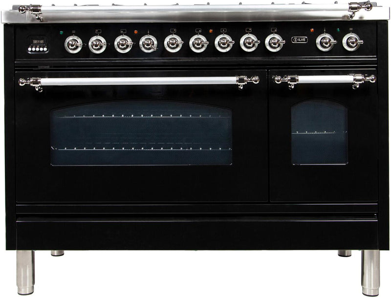 ILVE 48" Nostalgie - Dual Fuel Range with 7 Sealed Burners - 5 cu. ft. Oven - Griddle with Chrome Trim in Glossy Black (UPN120FDMPNX)