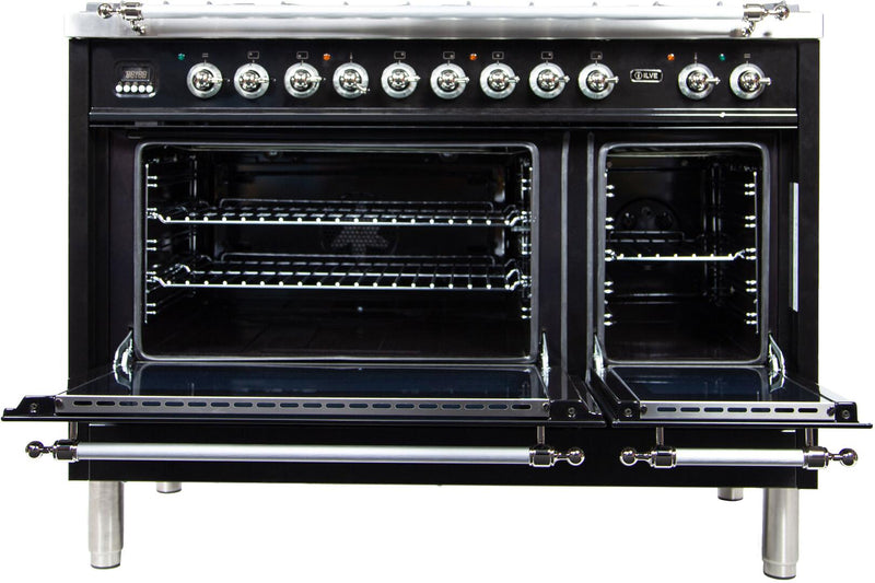 ILVE 48" Nostalgie - Dual Fuel Range with 7 Sealed Burners - 5 cu. ft. Oven - Griddle with Chrome Trim in Glossy Black (UPN120FDMPNX)