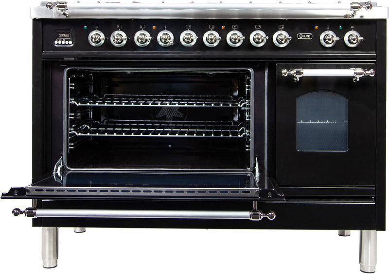 ILVE 48" Nostalgie - Dual Fuel Range with 7 Sealed Burners - 5 cu. ft. Oven - Griddle with Chrome Trim in Glossy Black (UPN120FDMPNX)