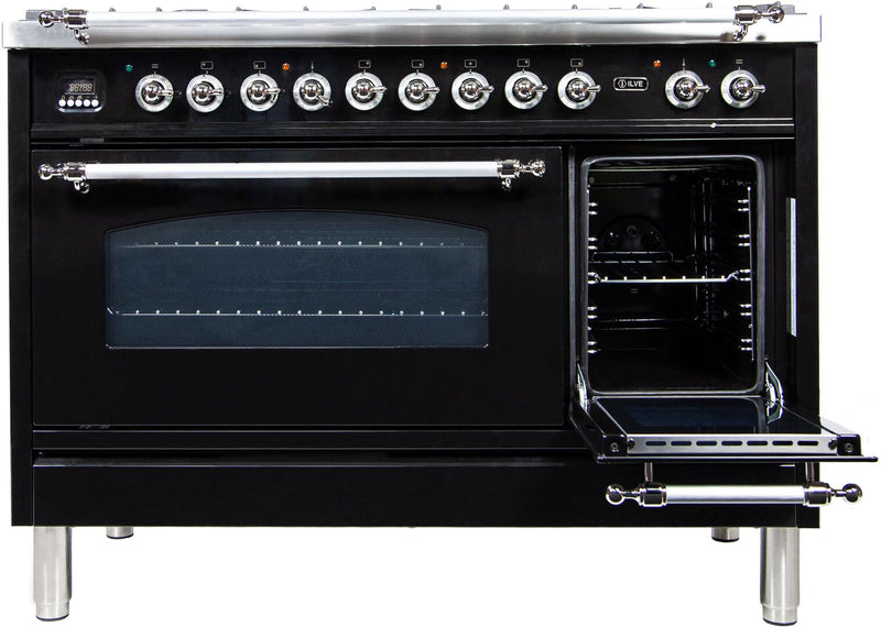 ILVE 48" Nostalgie - Dual Fuel Range with 7 Sealed Burners - 5 cu. ft. Oven - Griddle with Chrome Trim in Glossy Black (UPN120FDMPNX)