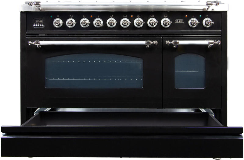 ILVE 48" Nostalgie - Dual Fuel Range with 7 Sealed Burners - 5 cu. ft. Oven - Griddle with Chrome Trim in Glossy Black (UPN120FDMPNX)