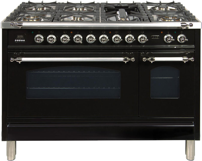 ILVE 48" Nostalgie - Dual Fuel Range with 7 Sealed Burners - 5 cu. ft. Oven - Griddle with Chrome Trim in Glossy Black (UPN120FDMPNX)