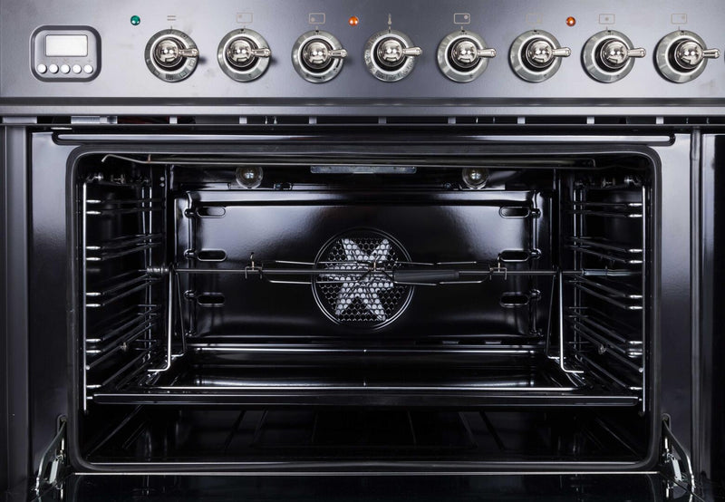 ILVE 48" Nostalgie - Dual Fuel Range with 7 Sealed Burners - 5 cu. ft. Oven - Griddle with Chrome Trim in Matte Graphite (UPN120FDMPMX)