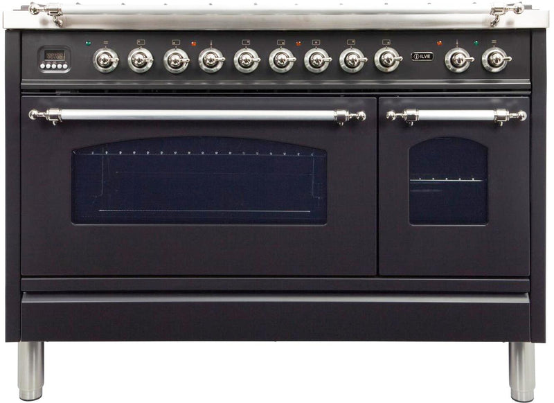 ILVE 48" Nostalgie - Dual Fuel Range with 7 Sealed Burners - 5 cu. ft. Oven - Griddle with Chrome Trim in Matte Graphite (UPN120FDMPMX)