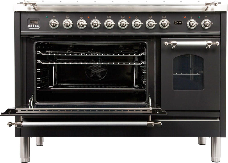 ILVE 48" Nostalgie - Dual Fuel Range with 7 Sealed Burners - 5 cu. ft. Oven - Griddle with Chrome Trim in Matte Graphite (UPN120FDMPMX)