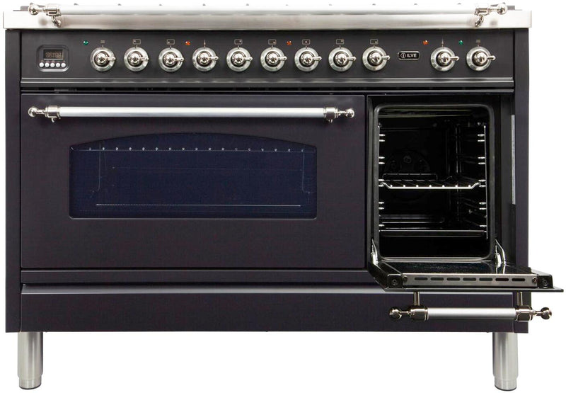 ILVE 48" Nostalgie - Dual Fuel Range with 7 Sealed Burners - 5 cu. ft. Oven - Griddle with Chrome Trim in Matte Graphite (UPN120FDMPMX)