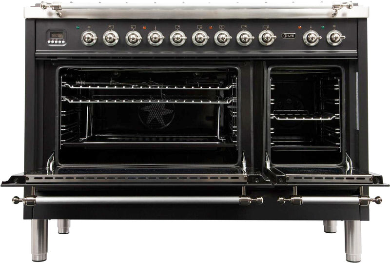 ILVE 48" Nostalgie - Dual Fuel Range with 7 Sealed Burners - 5 cu. ft. Oven - Griddle with Chrome Trim in Matte Graphite (UPN120FDMPMX)