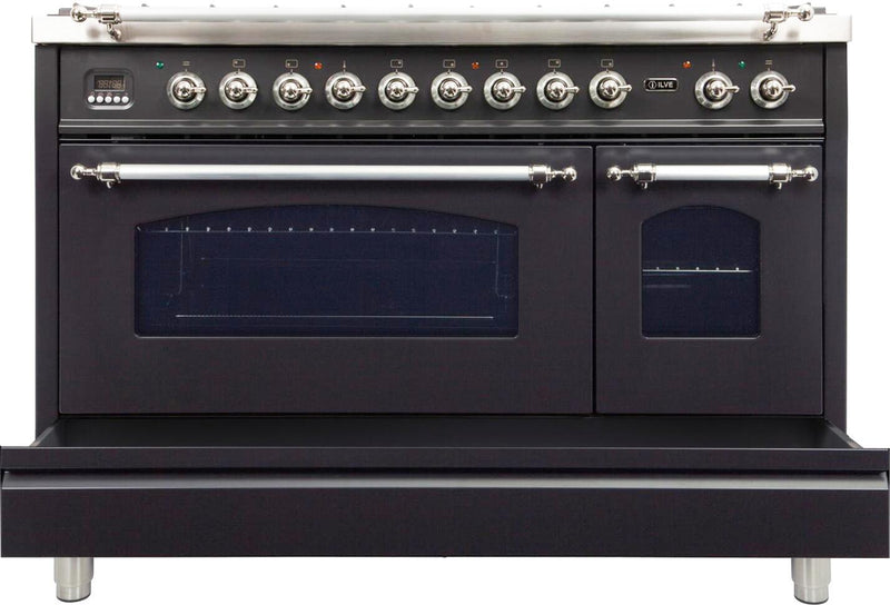 ILVE 48" Nostalgie - Dual Fuel Range with 7 Sealed Burners - 5 cu. ft. Oven - Griddle with Chrome Trim in Matte Graphite (UPN120FDMPMX)