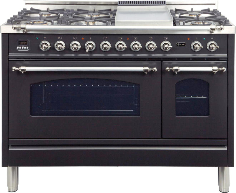 ILVE 48" Nostalgie - Dual Fuel Range with 7 Sealed Burners - 5 cu. ft. Oven - Griddle with Chrome Trim in Matte Graphite (UPN120FDMPMX)