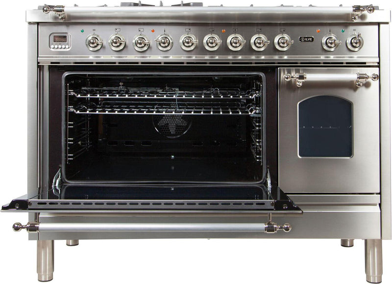 ILVE 48" Nostalgie - Dual Fuel Range with 7 Sealed Burners - 5 cu. ft. Oven - Griddle with Chrome Trim in Stainless Steel (UPN120FDMPIX)