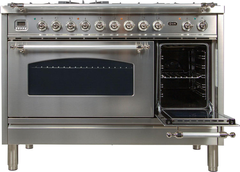 ILVE 48" Nostalgie - Dual Fuel Range with 7 Sealed Burners - 5 cu. ft. Oven - Griddle with Chrome Trim in Stainless Steel (UPN120FDMPIX)