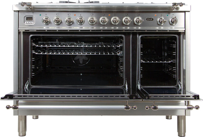 ILVE 48" Nostalgie - Dual Fuel Range with 7 Sealed Burners - 5 cu. ft. Oven - Griddle with Chrome Trim in Stainless Steel (UPN120FDMPIX)