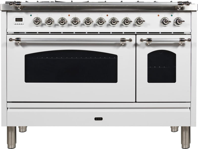 ILVE 48" Nostalgie - Dual Fuel Range with 7 Sealed Burners - 5 cu. ft. Oven - Griddle with Chrome Trim in White (UPN120FDMPBX)