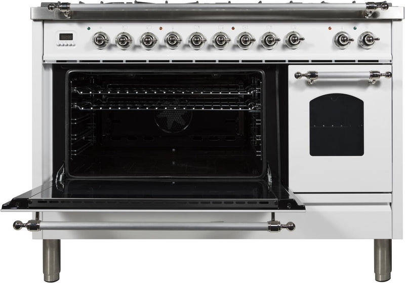 ILVE 48" Nostalgie - Dual Fuel Range with 7 Sealed Burners - 5 cu. ft. Oven - Griddle with Chrome Trim in White (UPN120FDMPBX)