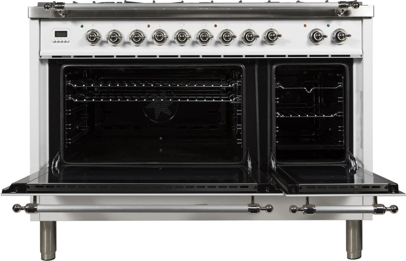 ILVE 48" Nostalgie - Dual Fuel Range with 7 Sealed Burners - 5 cu. ft. Oven - Griddle with Chrome Trim in White (UPN120FDMPBX)