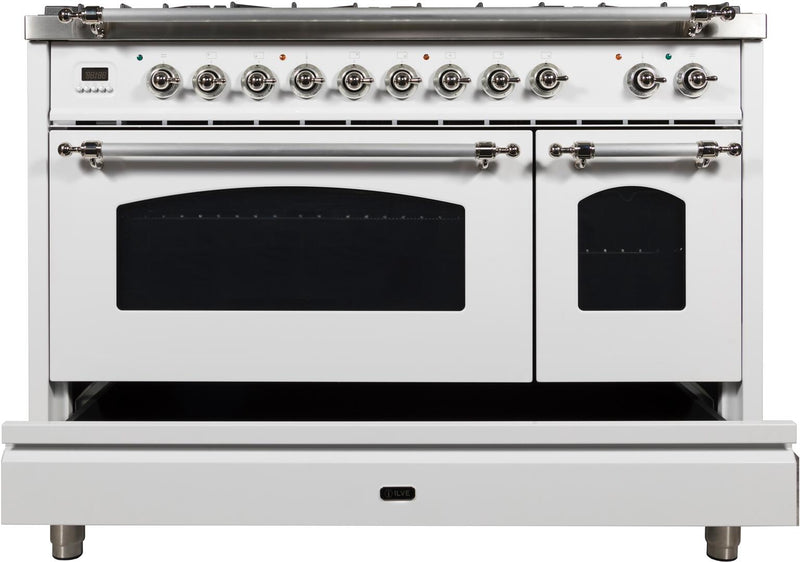 ILVE 48" Nostalgie - Dual Fuel Range with 7 Sealed Burners - 5 cu. ft. Oven - Griddle with Chrome Trim in White (UPN120FDMPBX)