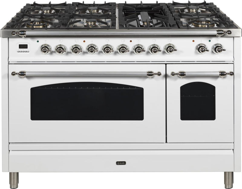 ILVE 48" Nostalgie - Dual Fuel Range with 7 Sealed Burners - 5 cu. ft. Oven - Griddle with Chrome Trim in White (UPN120FDMPBX)