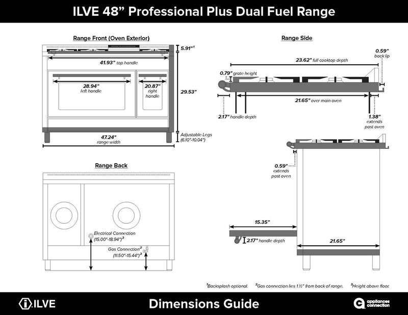 ILVE 48" Professional Plus Dual Fuel Range with 7 Sealed Burners - Double Ovens - Griddle - Stainless Steel (UPW120FDMPI)