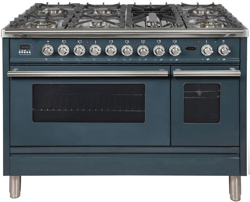 ILVE 48" Professional Plus Series Freestanding Double Oven Dual Fuel Range with 7 Sealed Burners in Blue Grey with Chrome Trim (UPW120FDMPGU)