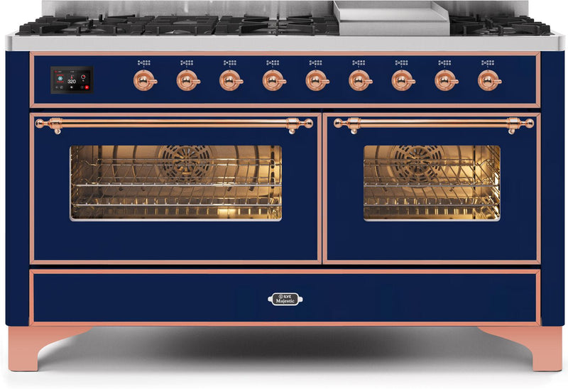 ILVE 60" Majestic II Dual Fuel Range - 9 Sealed Burners and Griddle - 5.8 cu. ft. - Copper Trim in Midnight Blue (UM15FDNS3MBP)