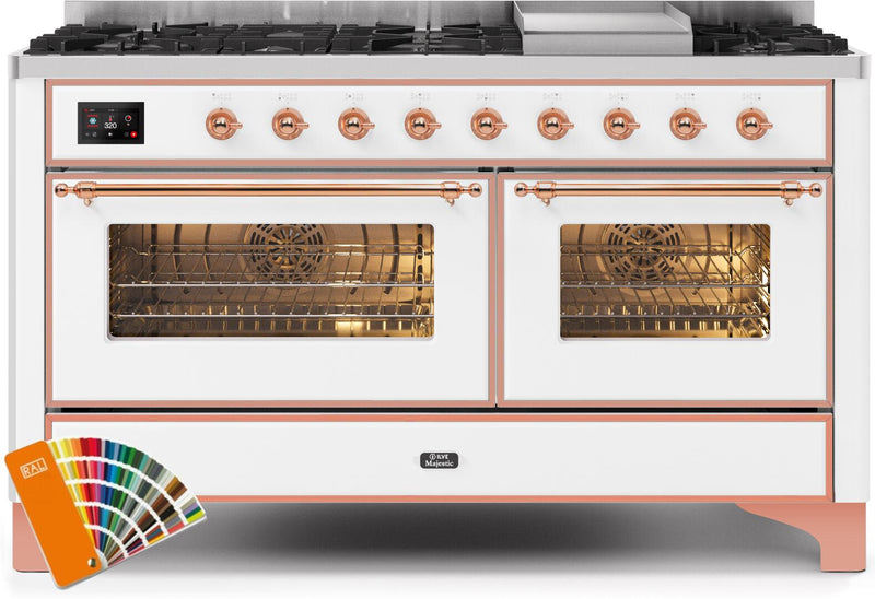 ILVE 60" Majestic II Dual Fuel Range - 9 Sealed Burners and Griddle - 5.8 cu. ft. Oven - Copper Trim in Custom RAL Color (UM15FDNS3RA)