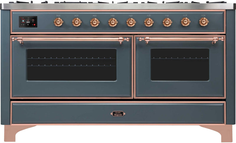 ILVE 60" Majestic II Dual Fuel Range with 9 Sealed Burners - Griddle - Dual Oven - Blue Grey with Copper Trim (UM15FDNS3BGP)