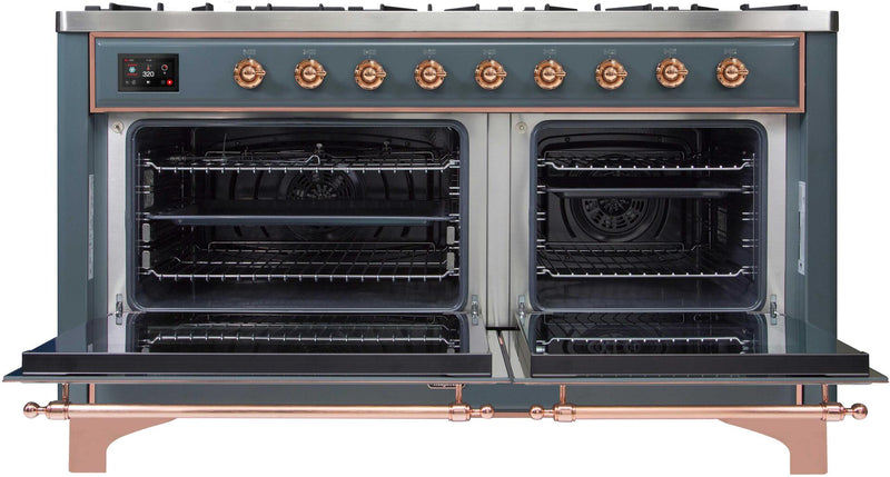 ILVE 60" Majestic II Dual Fuel Range with 9 Sealed Burners - Griddle - Dual Oven - Blue Grey with Copper Trim (UM15FDNS3BGP)