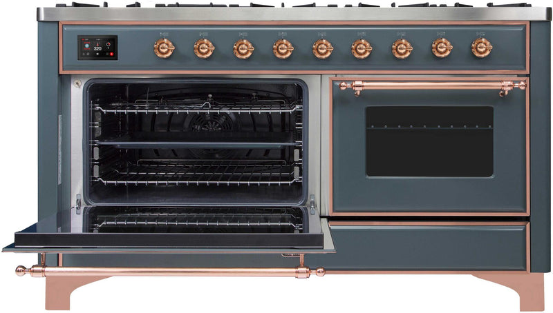 ILVE 60" Majestic II Dual Fuel Range with 9 Sealed Burners - Griddle - Dual Oven - Blue Grey with Copper Trim (UM15FDNS3BGP)